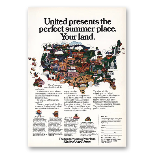 1973 United Airlines Perfect Summer Place Vintage Magazine Print Ad