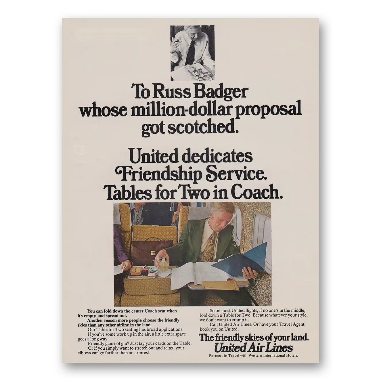 1973 United Airlines Russ Badger Friendship Service Tables for Two In Coach Vintage Magazine Print Ad