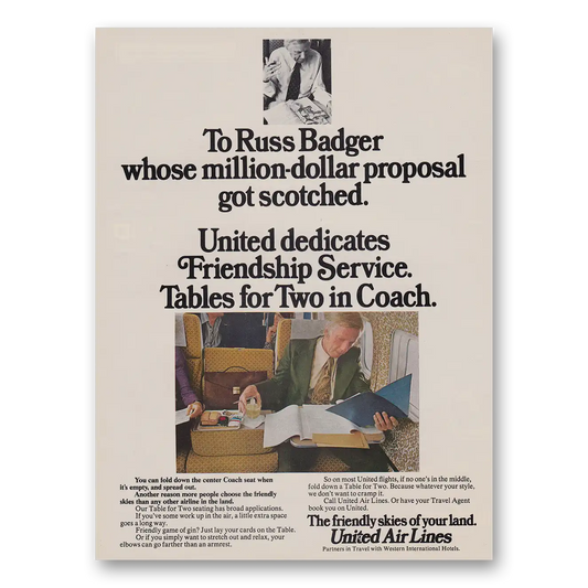 1973 United Airlines Russ Badger Friendship Service Tables for Two In Coach Vintage Magazine Print Ad