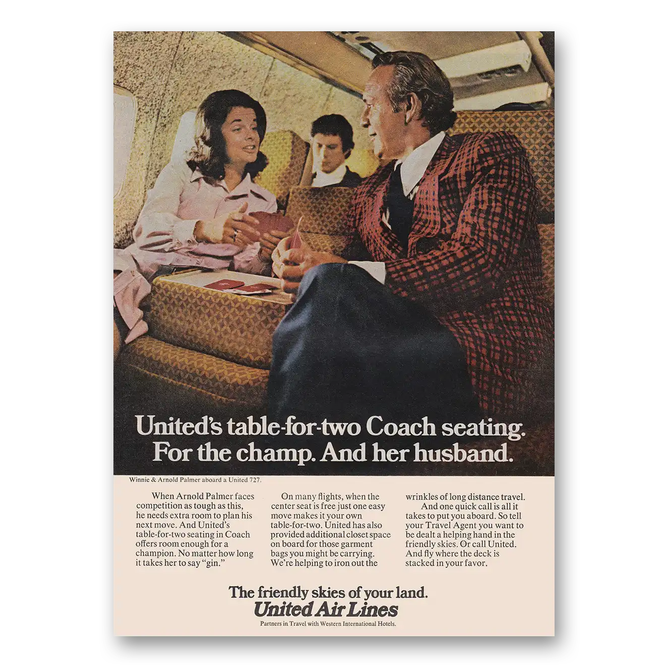 1973 United Airlines Table for Two Coach Seating Vintage Magazine Print Ad