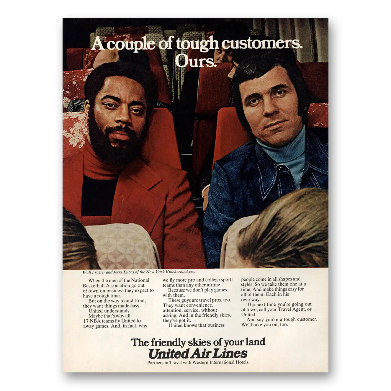 1973 United Airlines Tough Customers Walt Frazier Jerry Lucas Vintage Magazine Print Ad