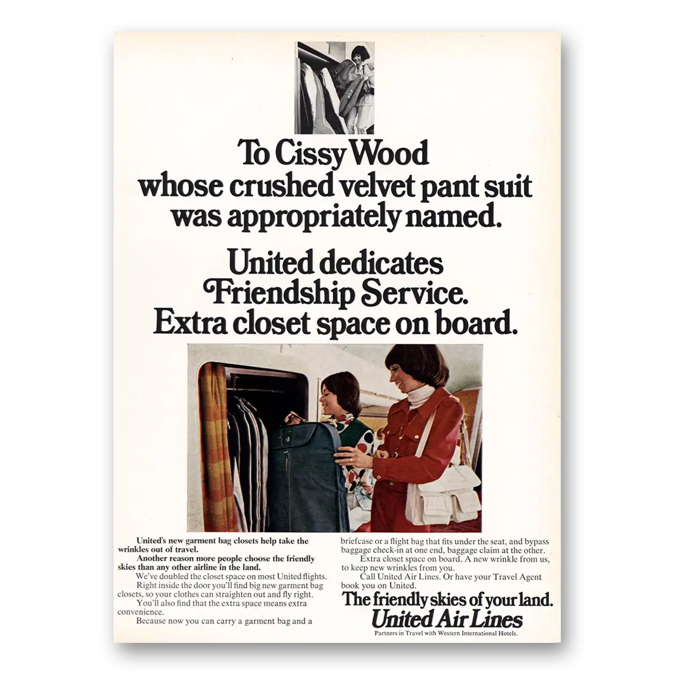 1973 United Airlines Cissy Wood Crushed Velvet Pant Suit Vintage Magazine Print Ad