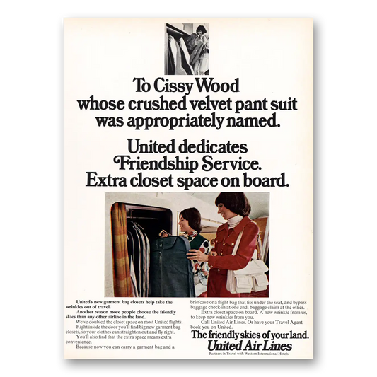 1973 United Airlines Cissy Wood Crushed Velvet Pant Suit Vintage Magazine Print Ad