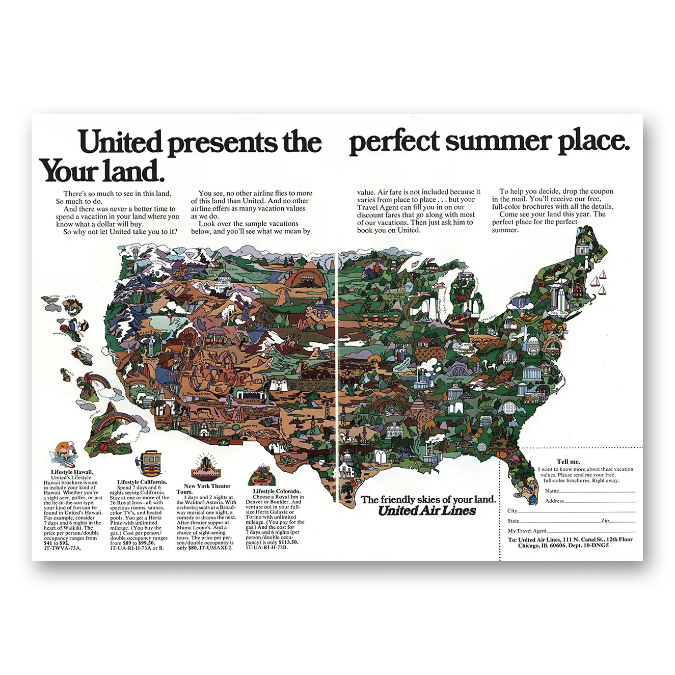 1973 United Airlines Perfect Summer Place Your Land Vintage Magazine Print Ad