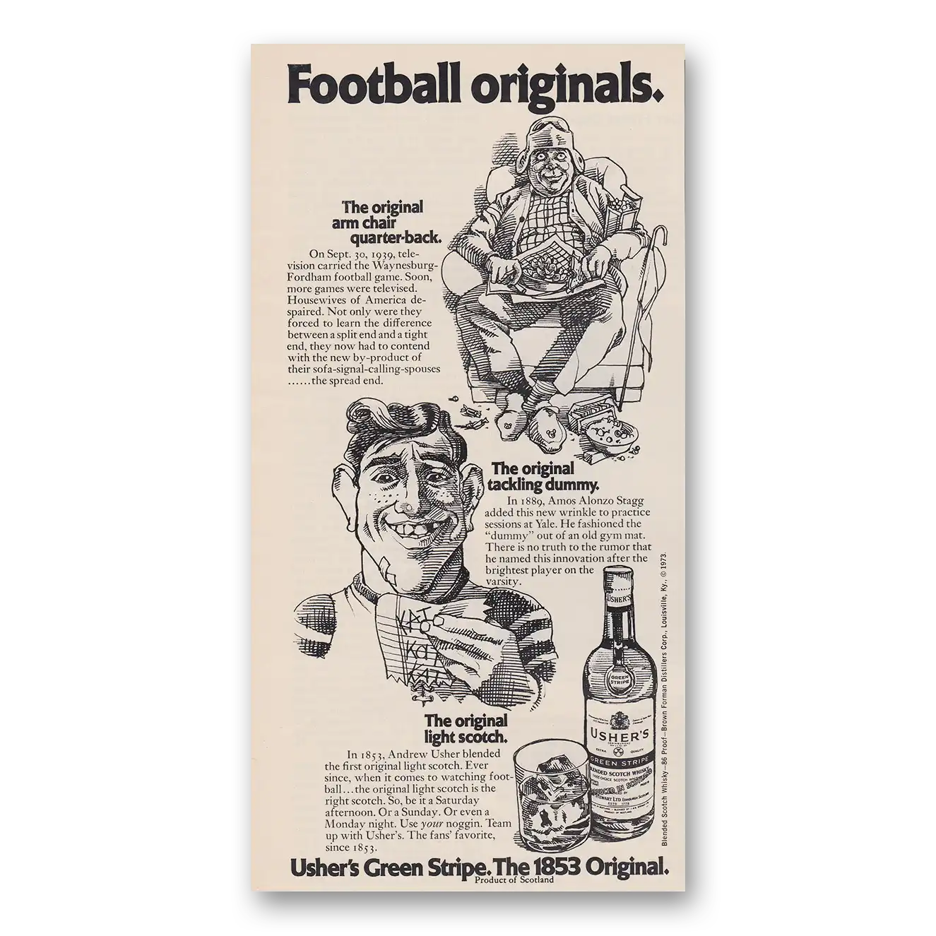 1974 Ushers Green Stripe Whisky Football Originals Vintage Magazine Print Ad