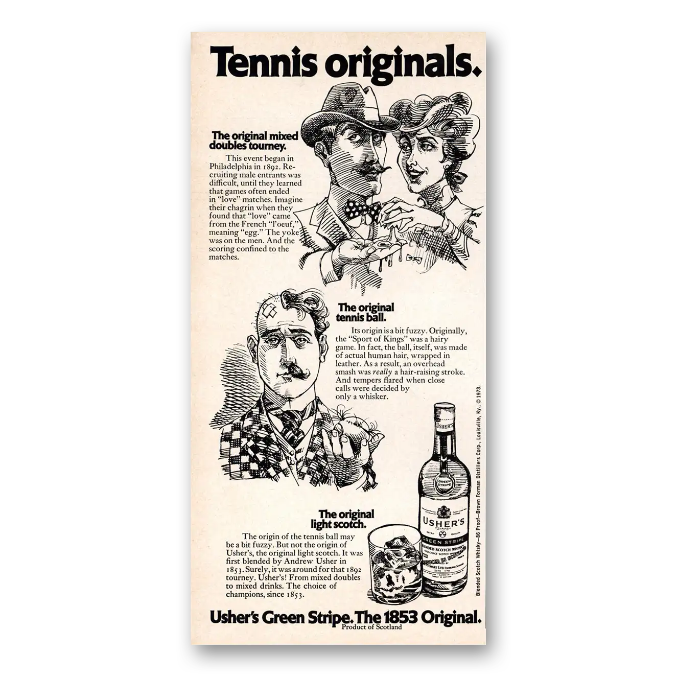 1973 Ushers Green Stripe Whisky Tennis Originals Vintage Magazine Print Ad