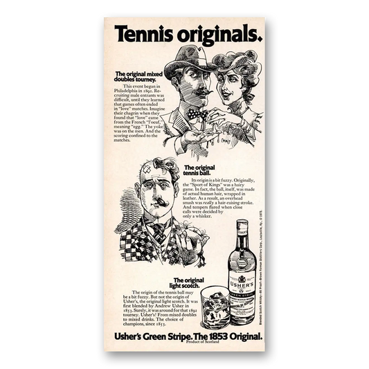 1973 Ushers Green Stripe Whisky Tennis Originals Vintage Magazine Print Ad