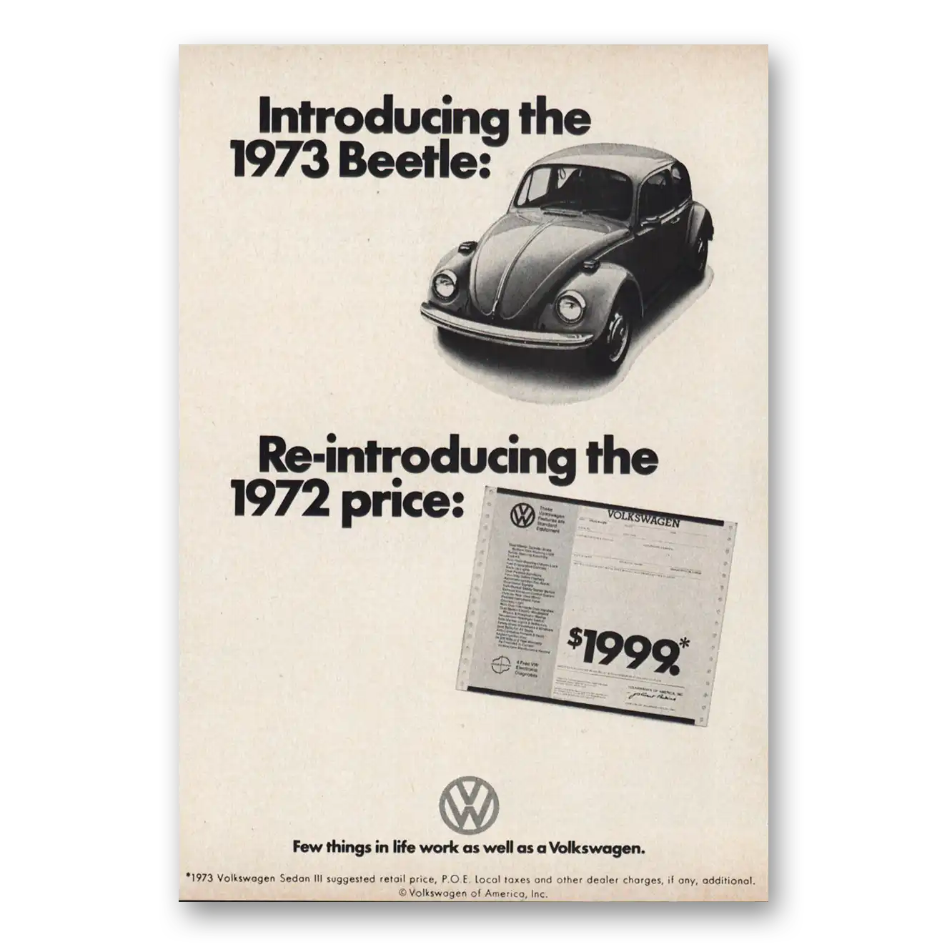 1972 Volkswagen Beetle Introducing 1973 Beetle Vintage Magazine Print Ad