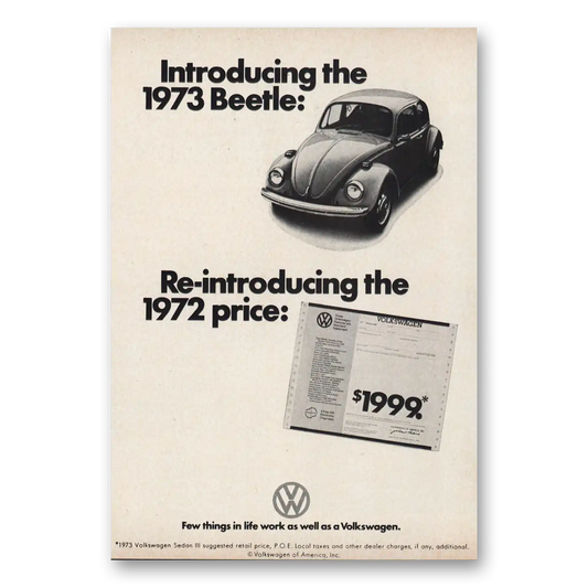 1972 Volkswagen Beetle Introducing 1973 Beetle Vintage Magazine Print Ad