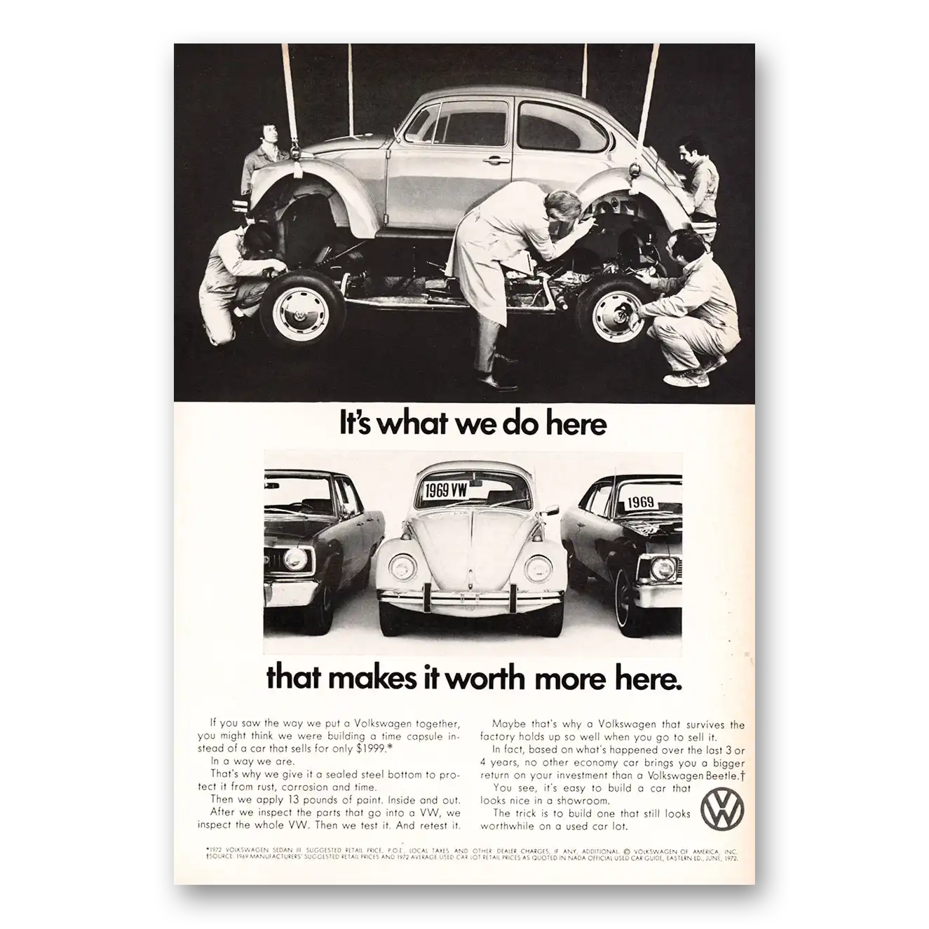 1972 Volkswagen Beetle What We Do Here That Makes It Worth More Here Vintage Magazine Print Ad