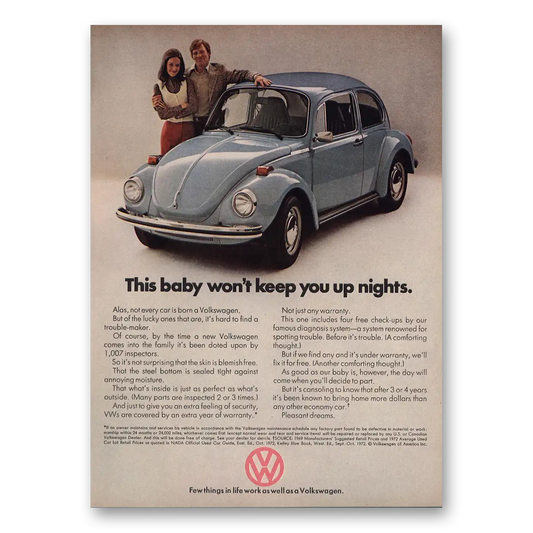 1973 Volkswagen Beetle Baby Won't Keep You Up At Nights Vintage Magazine Print Ad