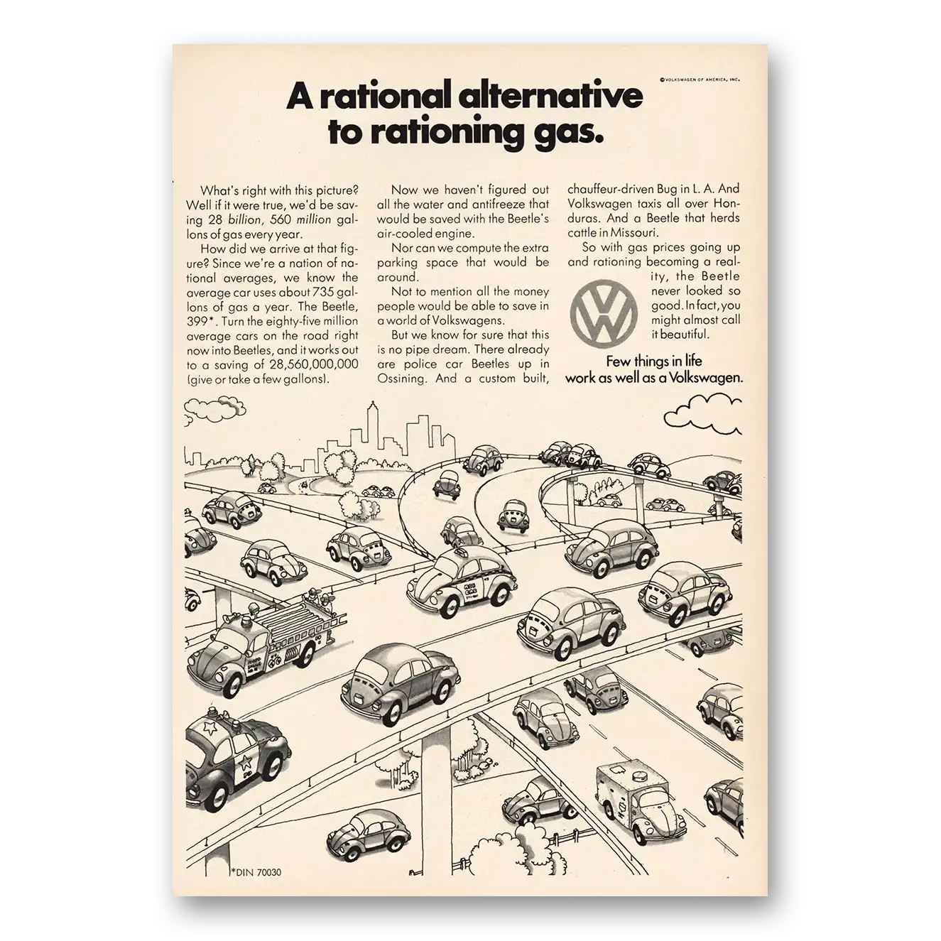 1973 Volkswagen Rationing Gas Vintage Magazine Print Ad