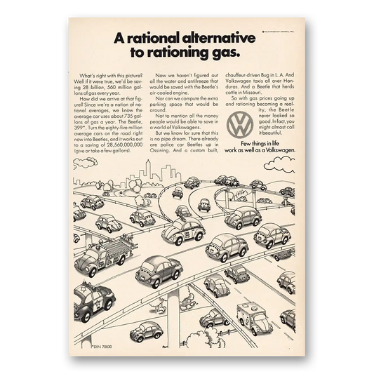 1973 Volkswagen Rationing Gas Vintage Magazine Print Ad