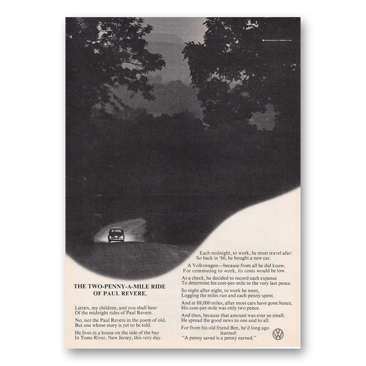 1973 Volkswagen Beetle Two Penny Mile Ride of Paul Revere Vintage Magazine Print Ad