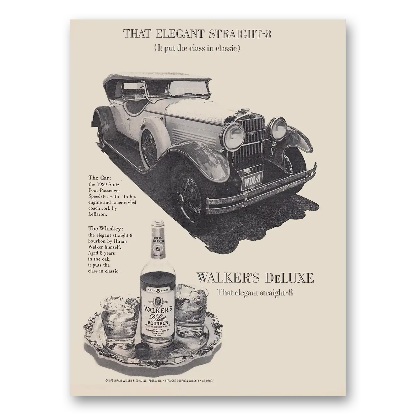 1973 Walkers DeLuxe Bourbon Whiskey That Elegant Straight 8 Vintage Magazine Print Ad