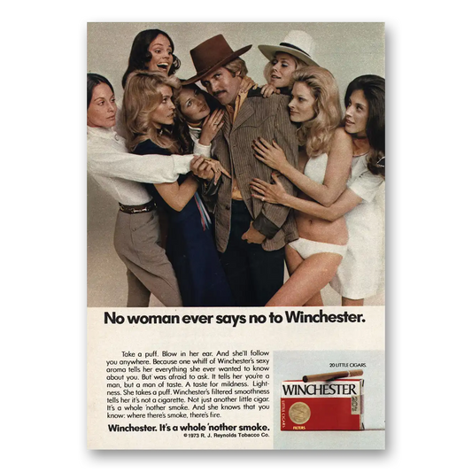 1973 Winchester Cigars No Woman Ever Says No Vintage Magazine Print Ad