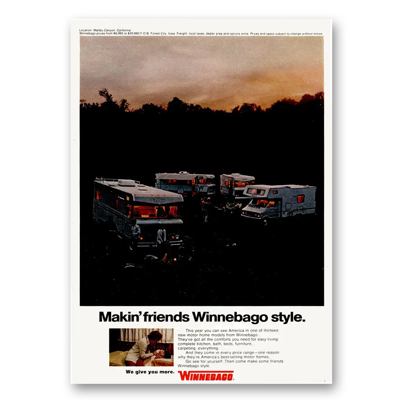 1973 Winnebago Motor Home Makin Friends Vintage Magazine Print Ad