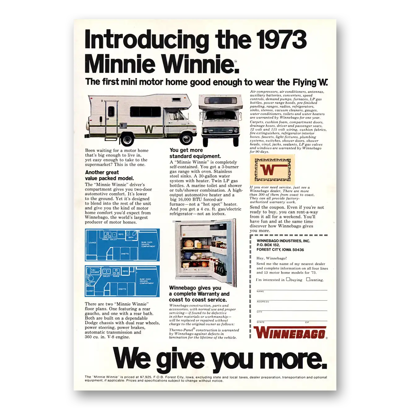 1973 Winnebago Motor Home Introducing the Minnie Winnie Vintage Magazine Print Ad