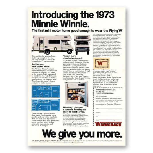 1973 Winnebago Motor Home Introducing the Minnie Winnie Vintage Magazine Print Ad