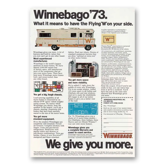 1972 Winnebago Motor Home Flying W On Your Side Vintage Magazine Print Ad