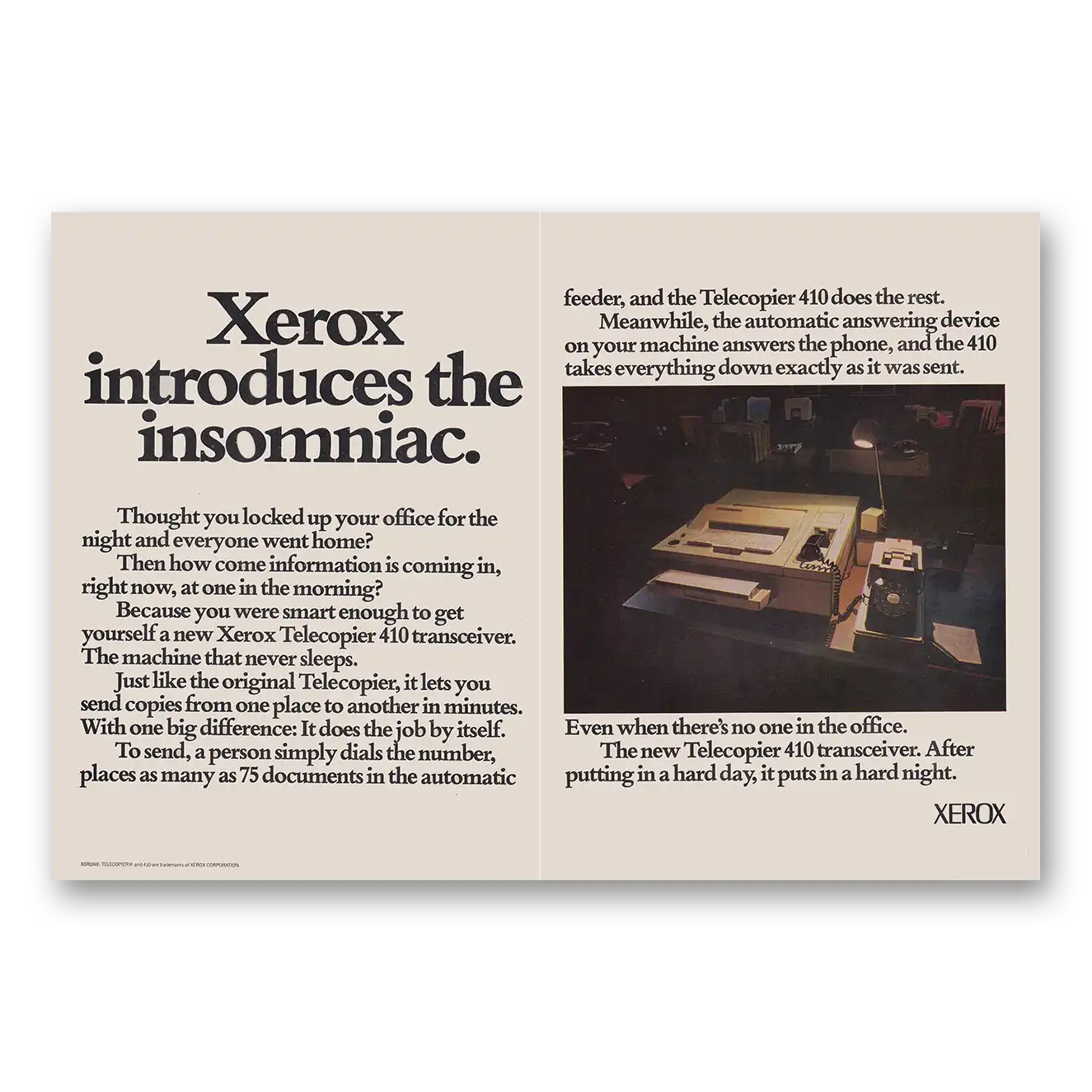 1973 Xerox Telecopier Introduces the Insomniac Vintage Magazine Print Ad