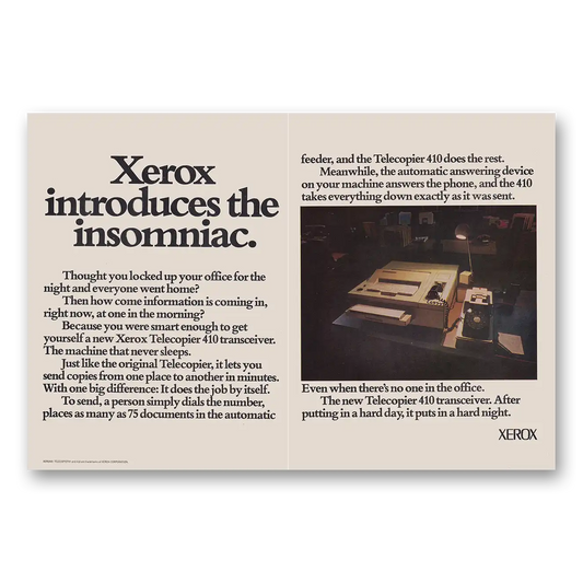 1973 Xerox Telecopier Introduces the Insomniac Vintage Magazine Print Ad