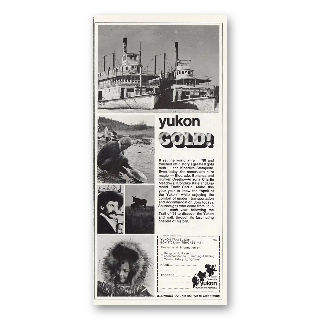 1973 Yukon Travel Yukon Gold Vintage Magazine Print Ad