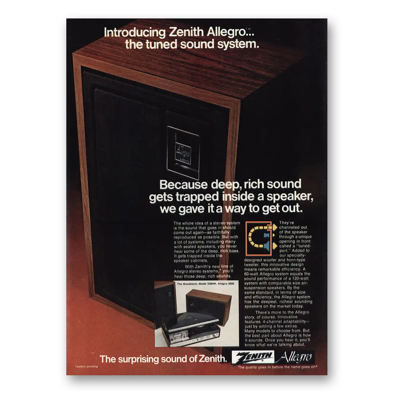 1973 Zenith Stereo Allegro Stereo Tuned Sound System Vintage Magazine Print Ad