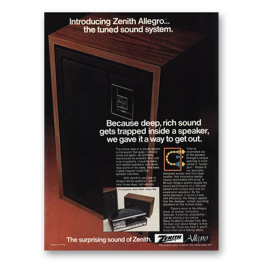 1973 Zenith Stereo Allegro Stereo Tuned Sound System Vintage Magazine Print Ad