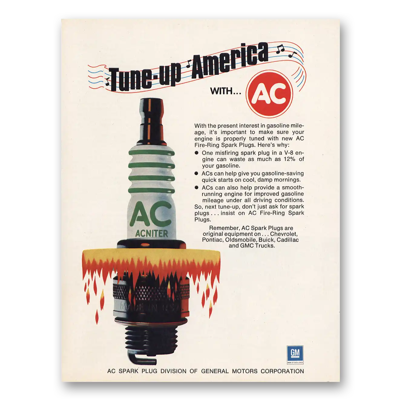 1974 AC Spark Plugs Tune Up America Vintage Magazine Print Ad