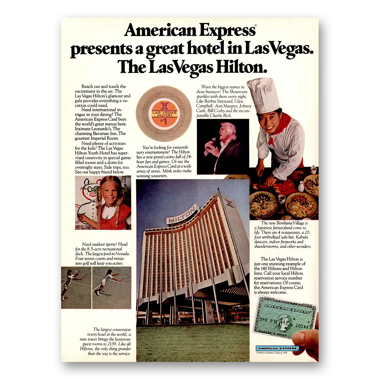 1974 American Express Las Vegas Hilton Vintage Magazine Print Ad