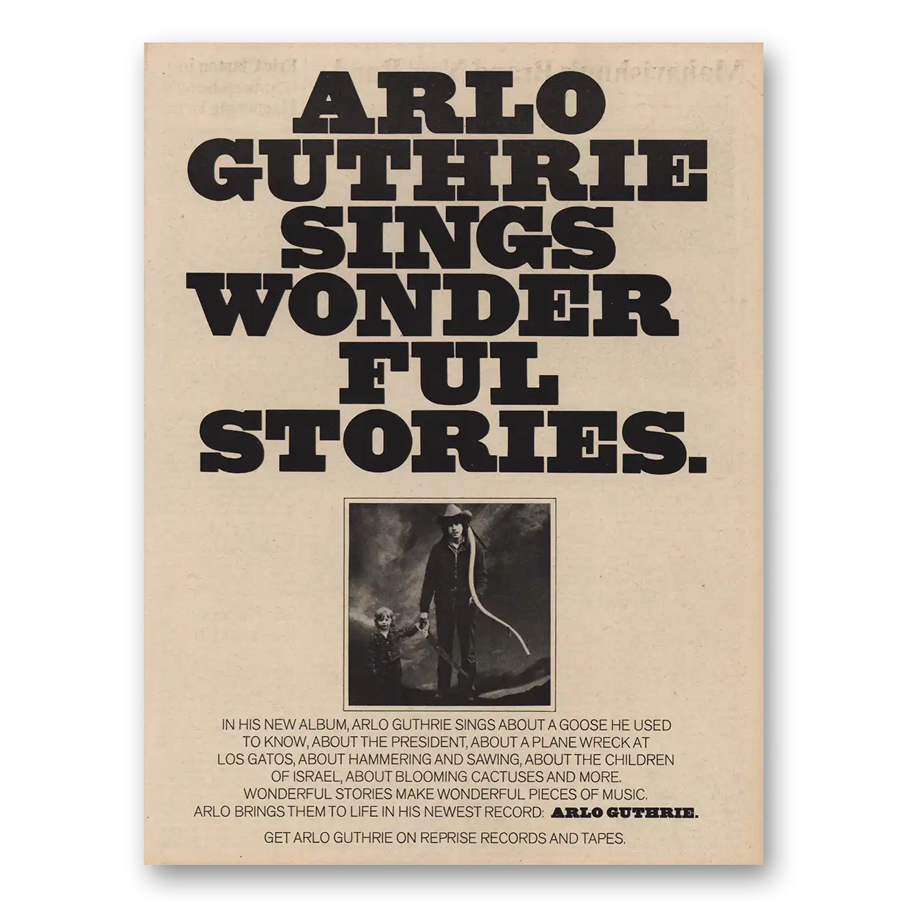 1974 Arlo Guthrie Promo Sings Wonder Ful Stories Vintage Magazine Print Ad