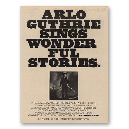 1974 Arlo Guthrie Promo Sings Wonder Ful Stories Vintage Magazine Print Ad