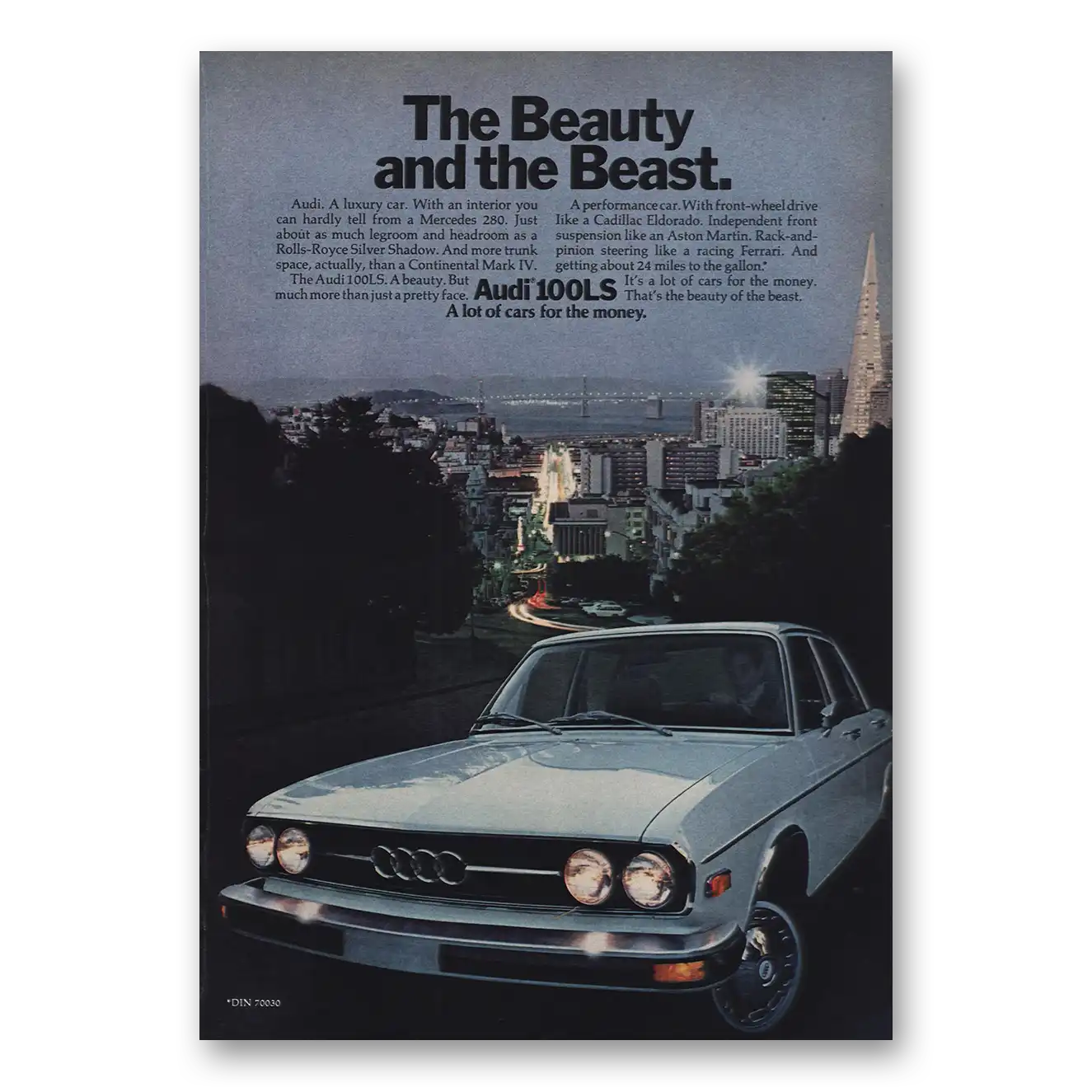 1974 Audi 100LS Beauty and the Beast Vintage Magazine Print Ad