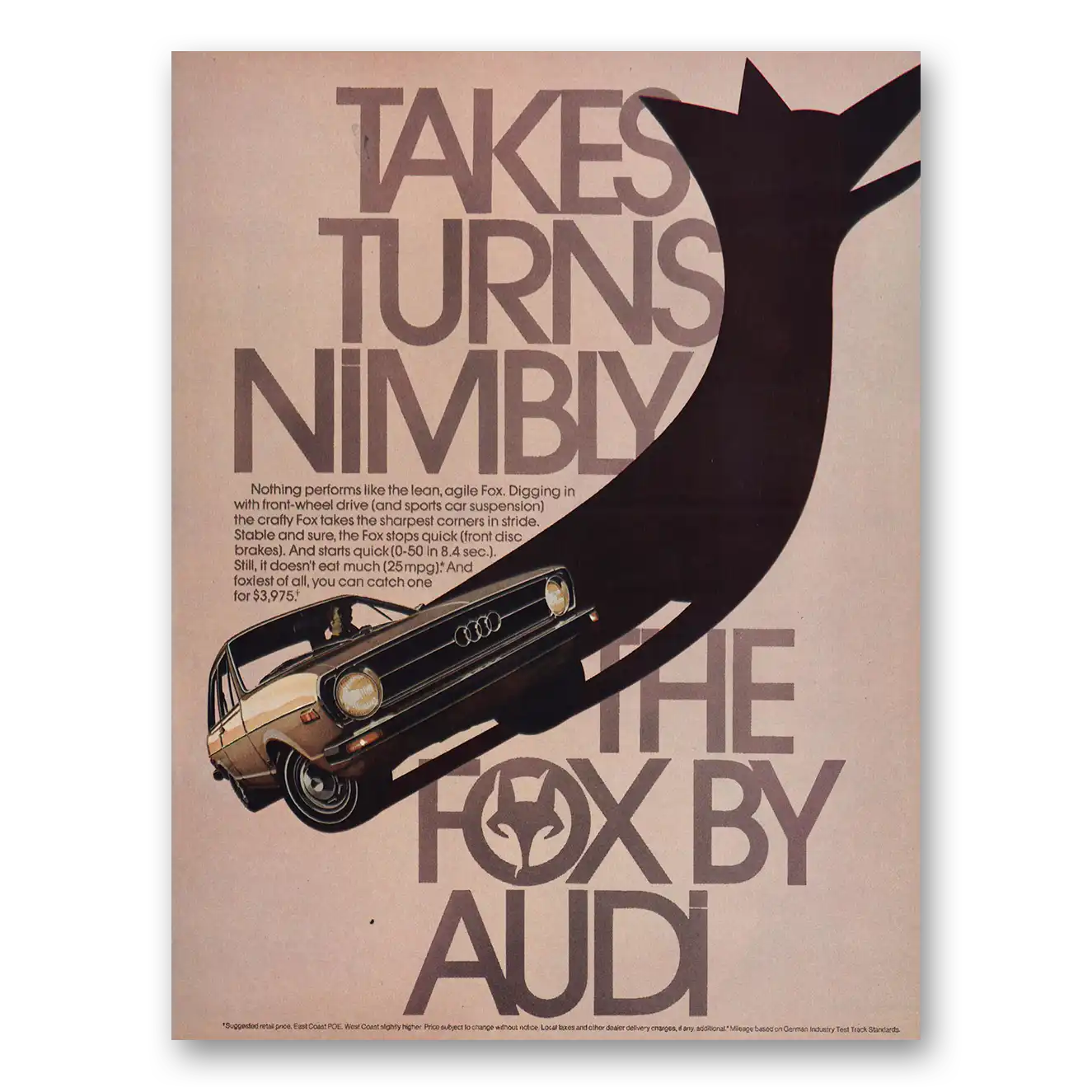 1974 Audi Fox Takes Turns Nimbly Vintage Magazine Print Ad