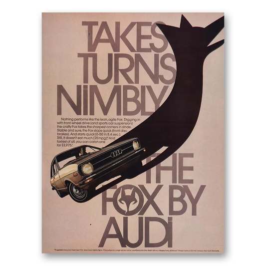 1974 Audi Fox Takes Turns Nimbly Vintage Magazine Print Ad