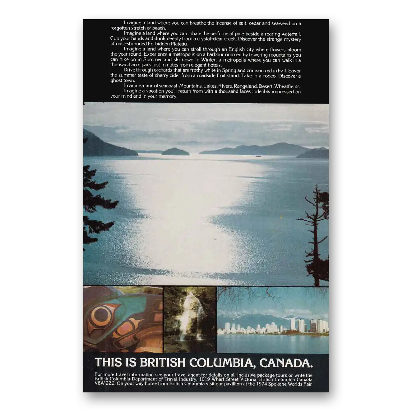 1974 British Columbia Canada Imagine a Land Vintage Magazine Print Ad