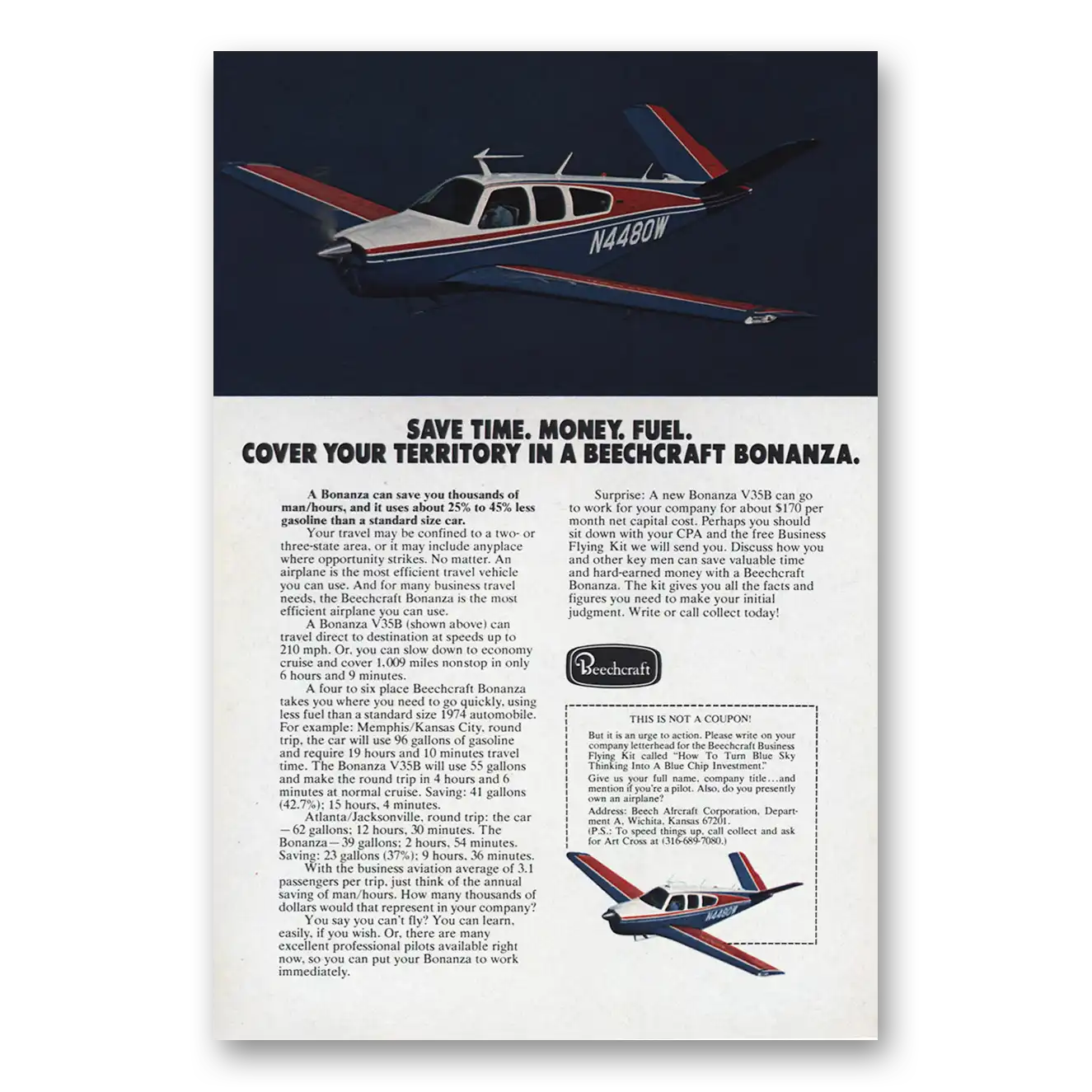 1974 Beechcraft Bonanza Cover Your Territory Vintage Magazine Print Ad