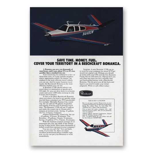 1974 Beechcraft Bonanza Cover Your Territory Vintage Magazine Print Ad