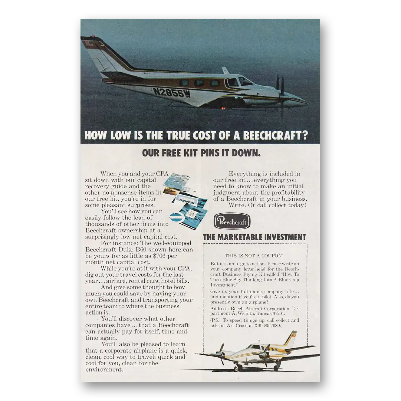 1974 Beechcraft Duke B60 True Cost Vintage Magazine Print Ad