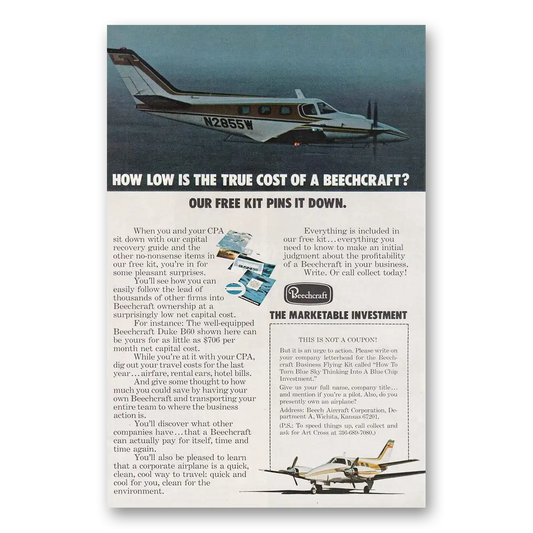 1974 Beechcraft Duke B60 True Cost Vintage Magazine Print Ad