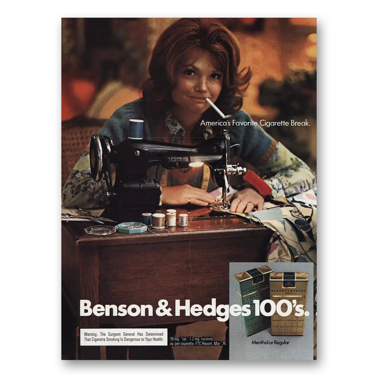 1974 Benson & Hedges Cigarettes Sewing Machine Vintage Magazine Print Ad