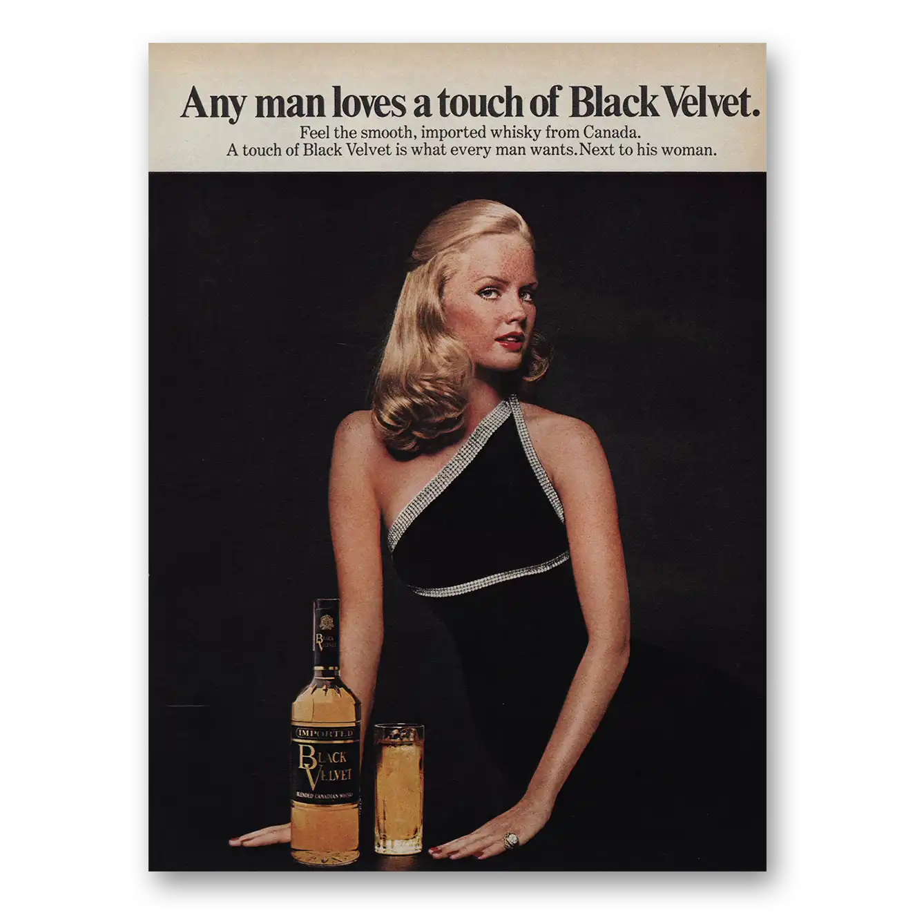 1974 Black Velvet Whisky Any Man Loves a Touch Vintage Magazine Print Ad