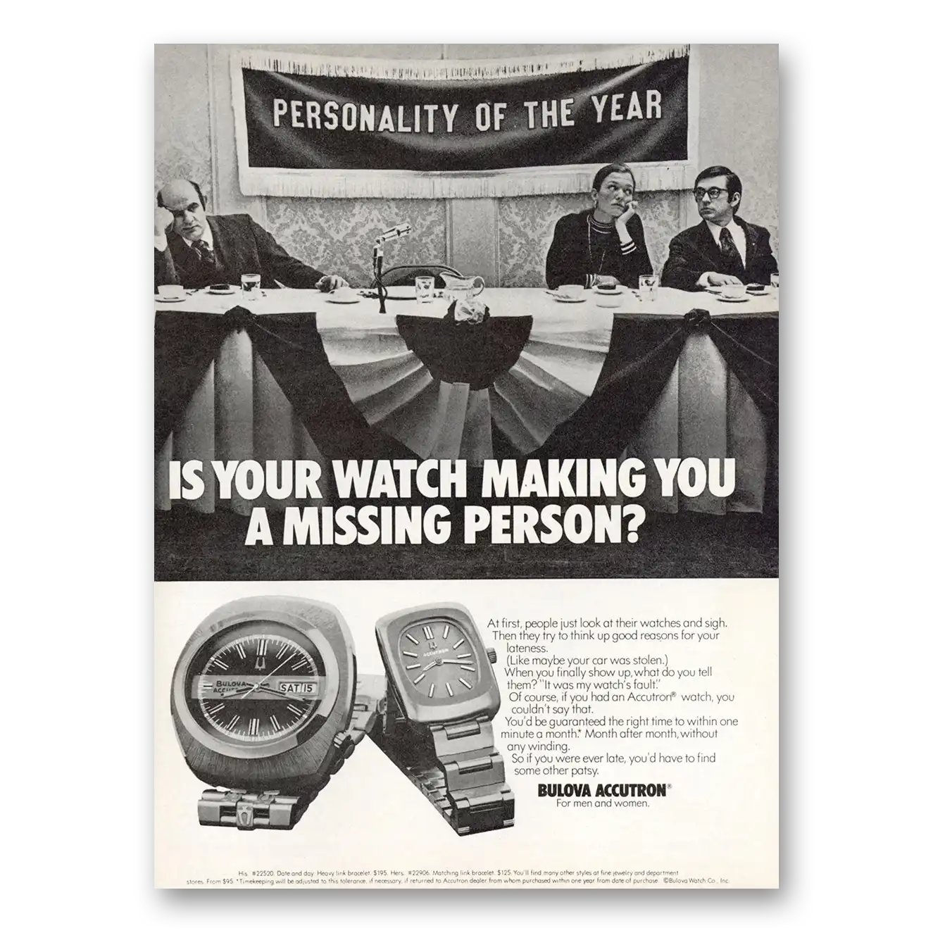 1974 Accutron Watch Making You a Missing Person Vintage Magazine Print Ad