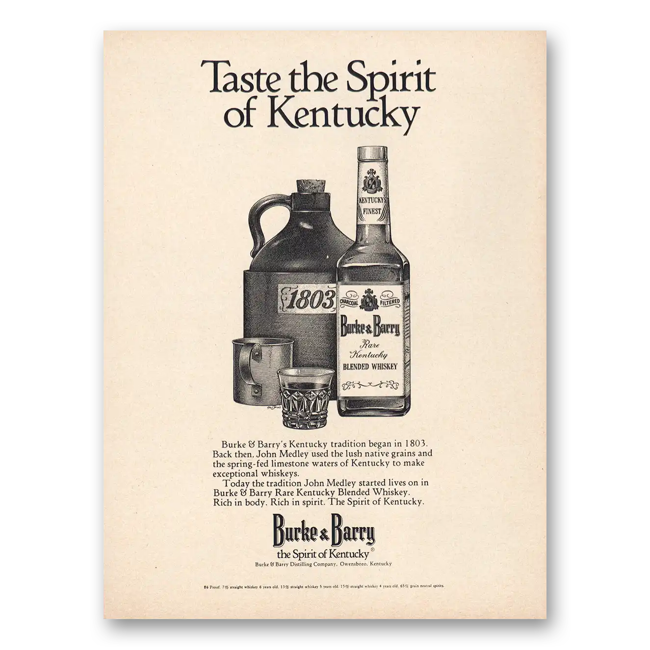 1974 Burke & Barry Taste Spirit Kentucky Vintage Magazine Print Ad