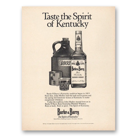 1974 Burke & Barry Taste Spirit Kentucky Vintage Magazine Print Ad