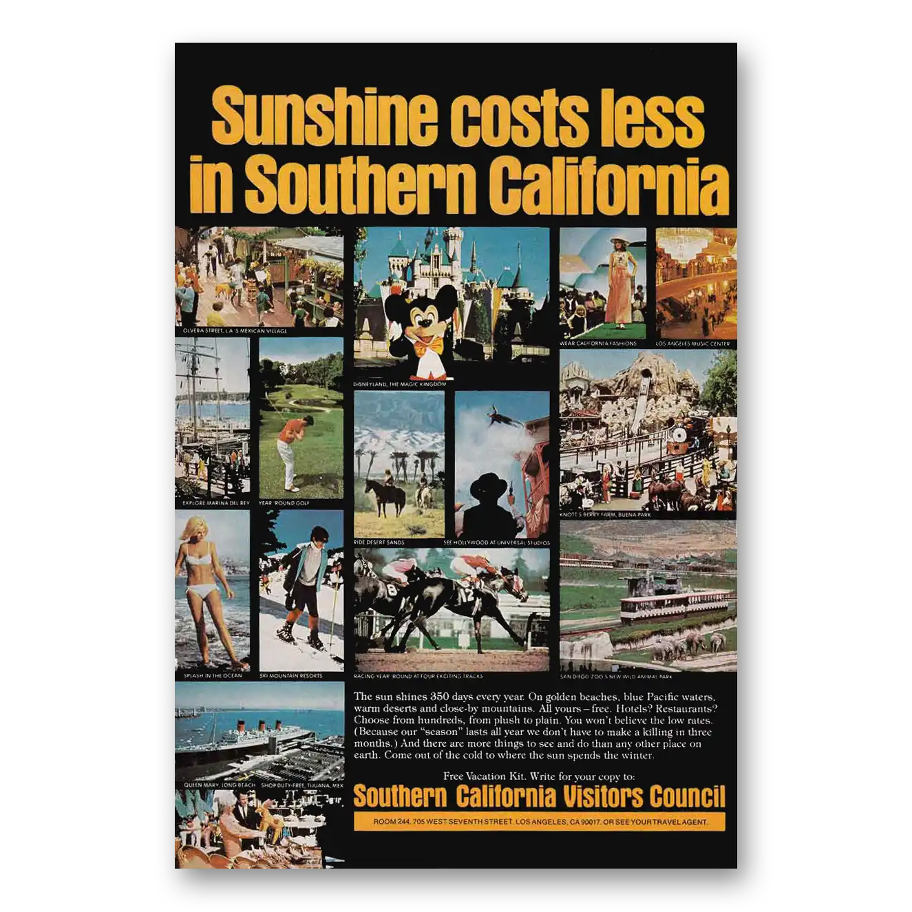 1974 Southern California Sunshine Costs Less Disney Vintage Magazine Print Ad