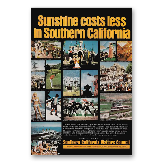 1974 Southern California Sunshine Costs Less Disney Vintage Magazine Print Ad