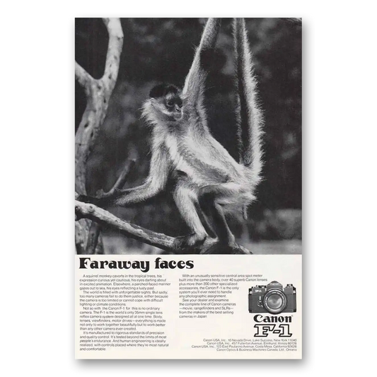 1974 Canon Camera Faraway Faces Squirrel Monkey Vintage Magazine Print Ad