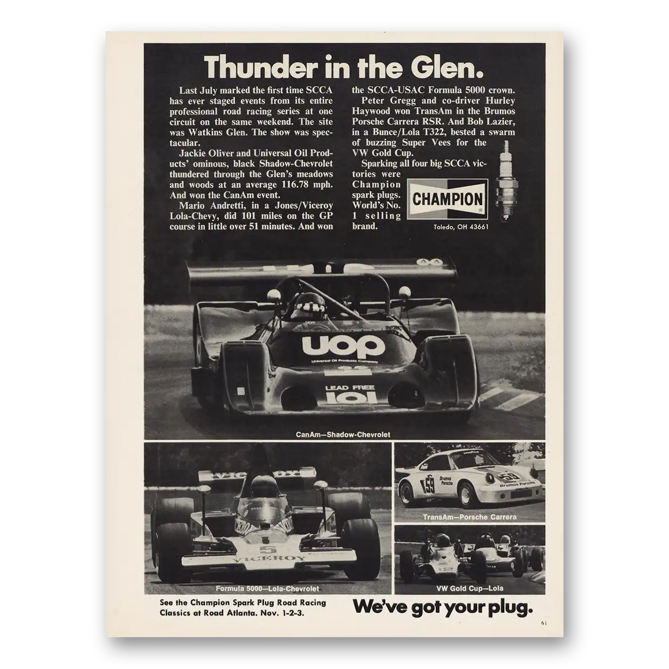 1974 Champion Spark Plugs Thunder In the Glen Vintage Magazine Print Ad